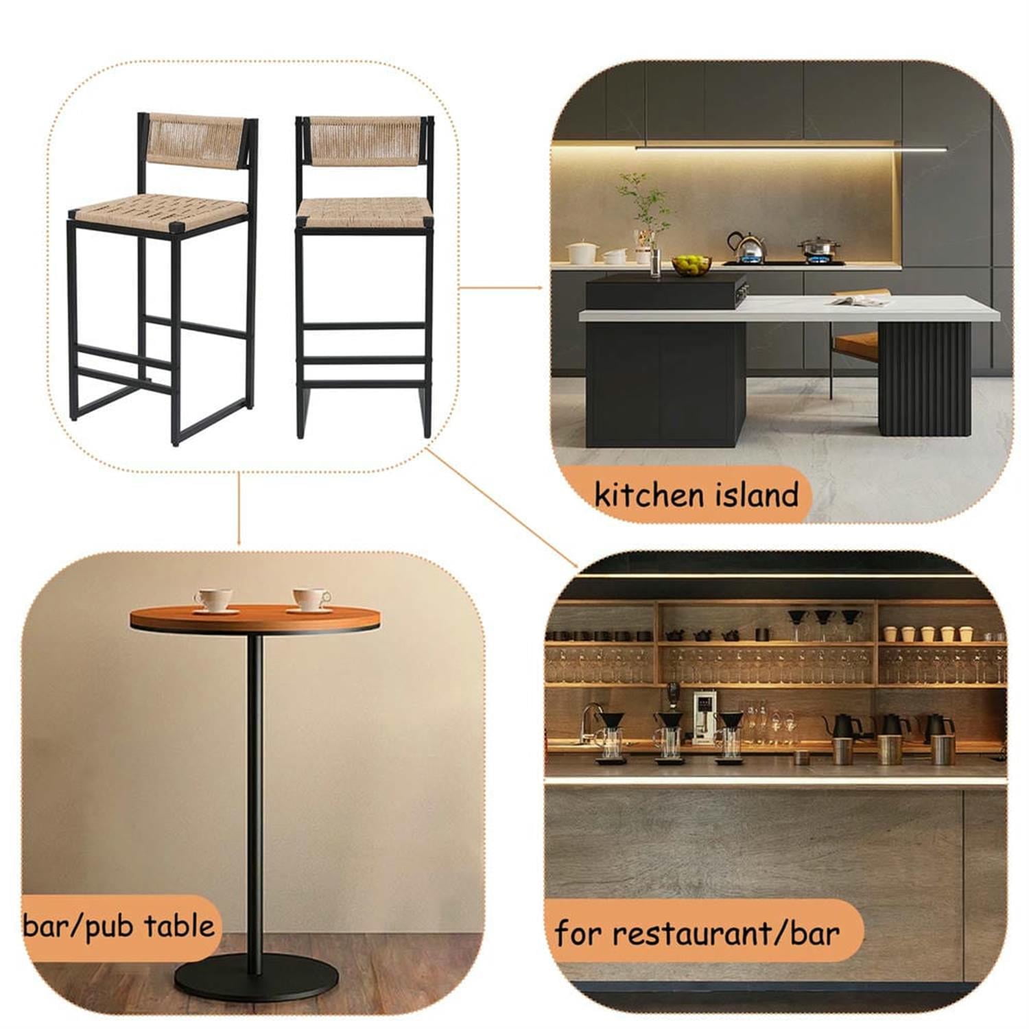 Demi Bonn 34" Counter Height Bar Stools Set of 2, Paper Rope Weave Barstools with Back, Armless Kitchen Island Countertop Chairs for Dining Room, Beige