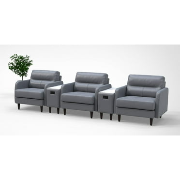 3 Person Lobby Waiting Reception Lounge Chairs Set with Charging Tables Genuine 100% Leather Color Graphite Gray Corporate Offices Commercial Retail Spaces Model 9085 5pc