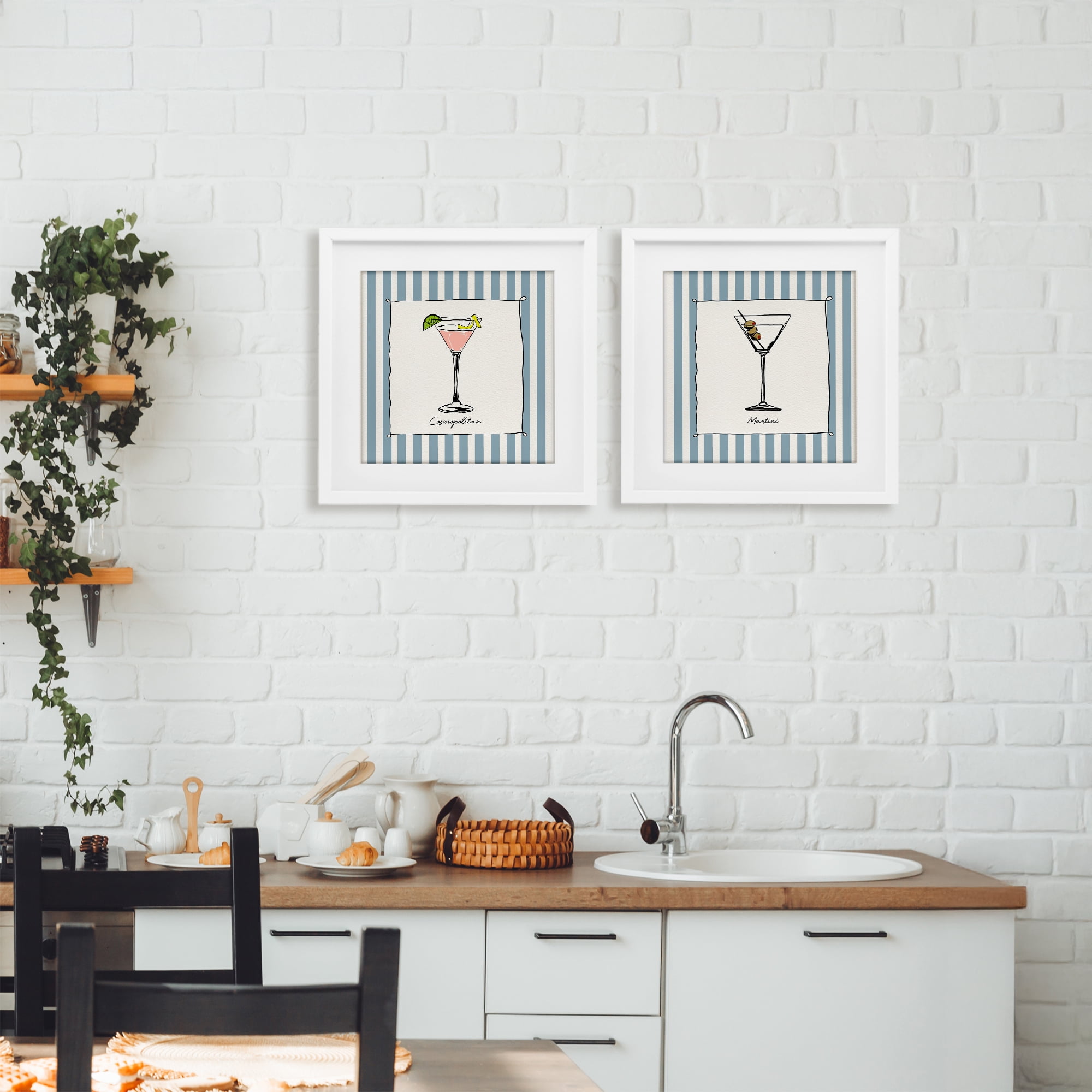Stupell Industries Summer Drinks on Stripes 2 Piece White Framed Print Under Glass Set, design by Susan Jill
