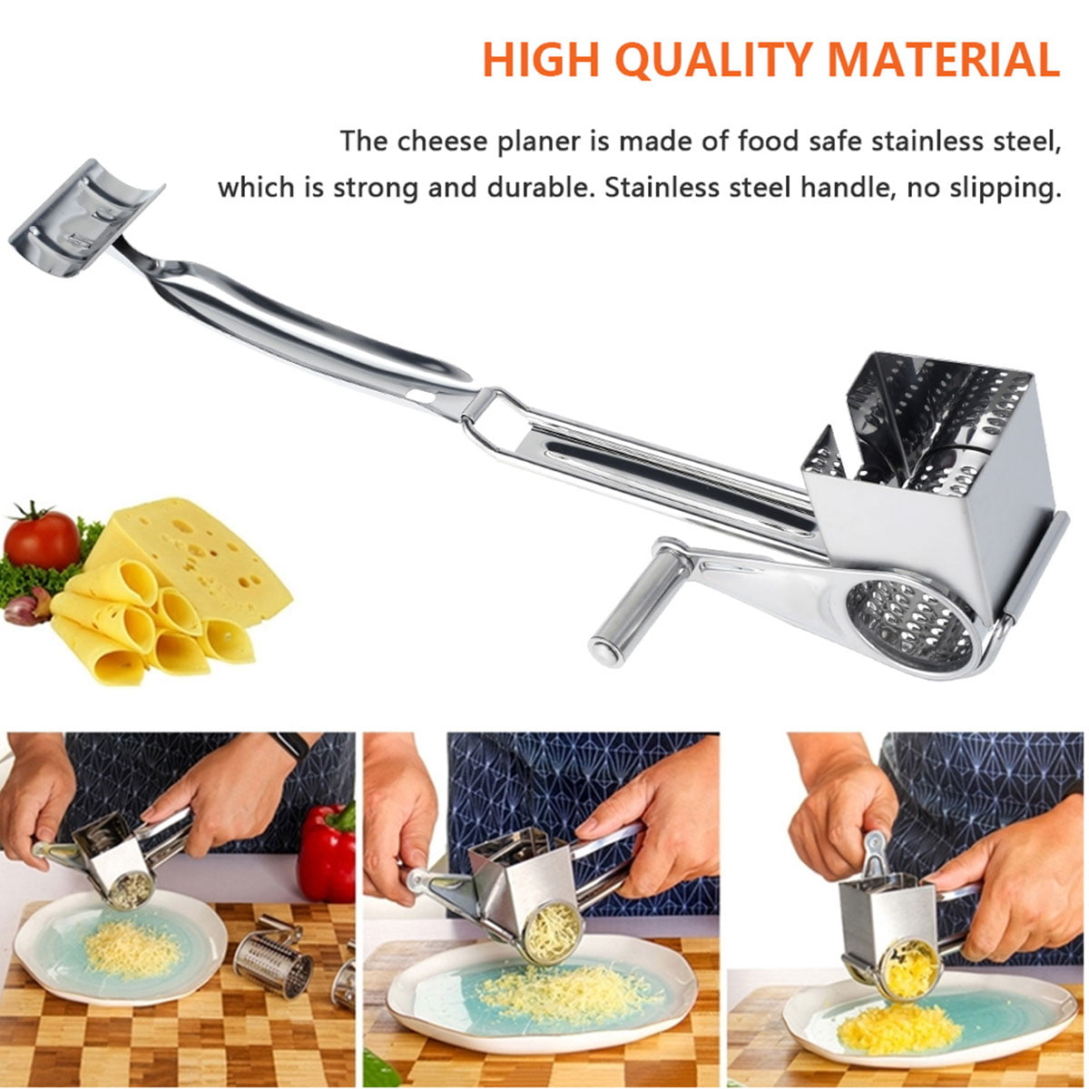 GCP Products Manual Rotary Cheese Grater With Handle - Round Cheese  Shredder Grater With 3 Interchangeable Stainless