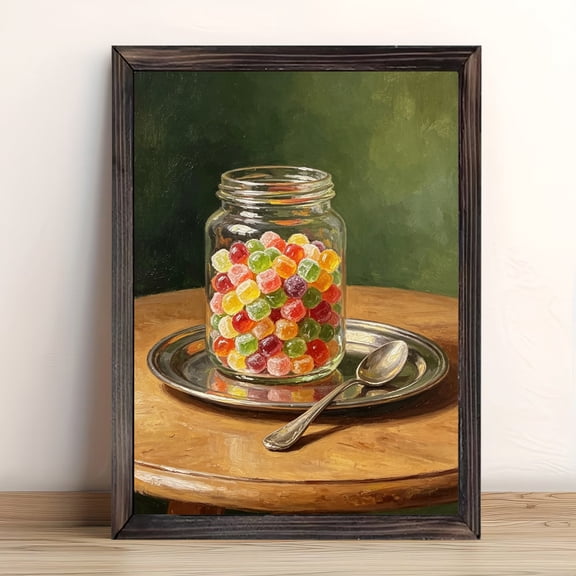 12x16in Framed Vintage Candy Jar Still Life Wood Print, Colorful Gummy Candy Oil Painting Wall Art for Kitchen Dining Room Home Decor