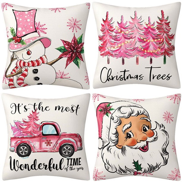 fundas de almohada de Navidad , funda de almohada de lino rústico para festividades,rojo y blanco, para sofá, sillón, decoración de Navidad(C)(4 piezas)