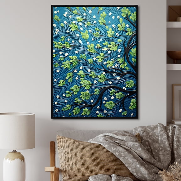Designart "Tree Dance in Green and Blue" Floral Framed Wall Art - Traditional Blue Tree Sycamore Entryway Framed Wall Art