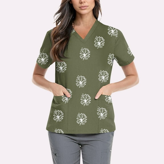 NAMTYQX Scrubs for Women Stretch Casual V Neck Short Sleeve Loose Fit Light Army Green Size 2XL