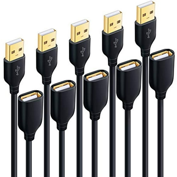 Besgoods Câble d'Extension USB, Lot de 5 Câbles d'Extension USB 10 Pieds - Câble USB 2.0 Extra Long Mâle vers Femelle avec Connecteur Plaqué Or pour Clavier, Souris, Imprimante - Noir