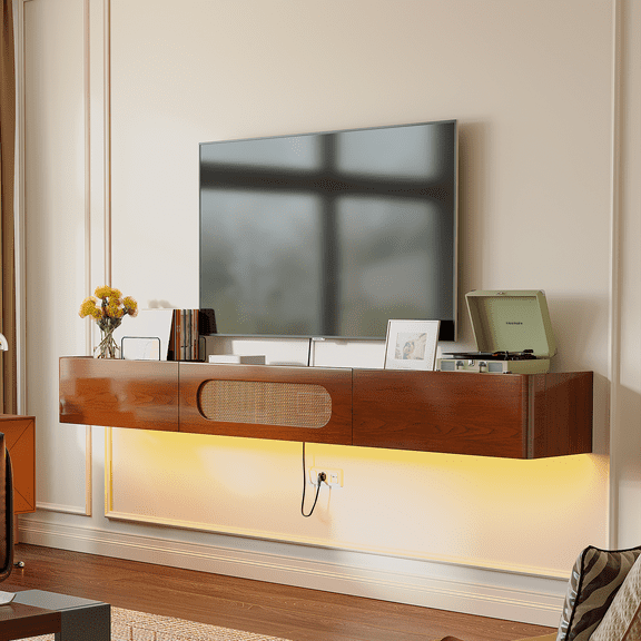 FloatiCasa 47" Fully Assembled Floating TV Stand Wall Mounted Floating Media Console with 2 Drawers and Rattan Door High Gloss Real Wood Veneer Entertainment Center for TVs up to 50"