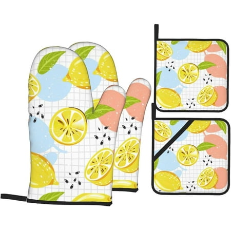 

Fruits Lemon Print Insulated Kitchen Baking Four Piece Set Heat Resistant Cooking Gloves and Pot Rack