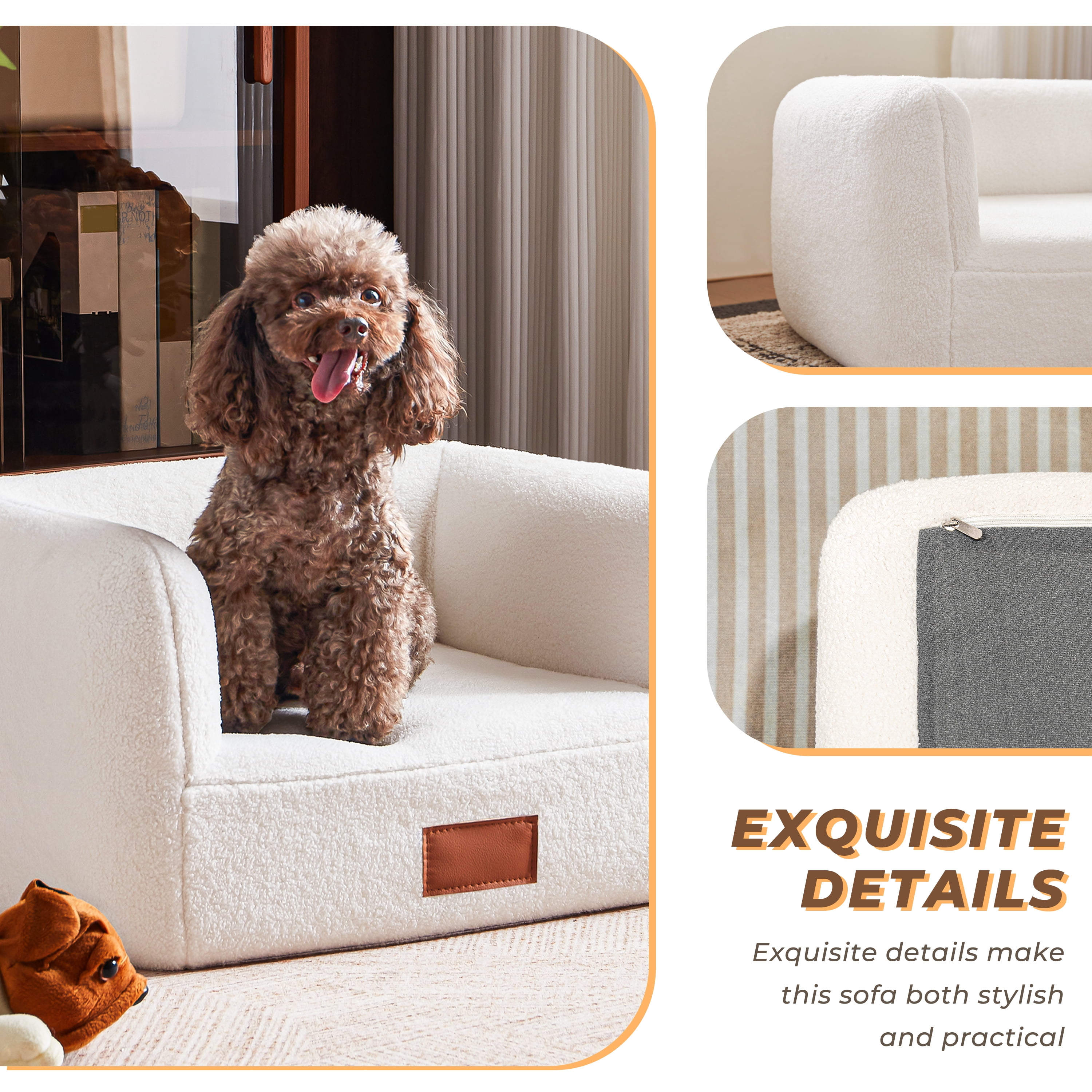 Faux Shearling Dog Bed Couch for Small Medium Dogs up to 35lbs, No Assembly Orthopedic Elevated Pet Sofa Bed, Furniture Style Comfy Dog Couch Bed, White
