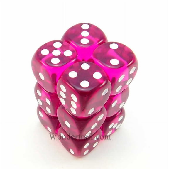 Magenta Transparent Deluxe Dice with White Pips D6 16mm (5/8in) Pack of 12 Koplow Games