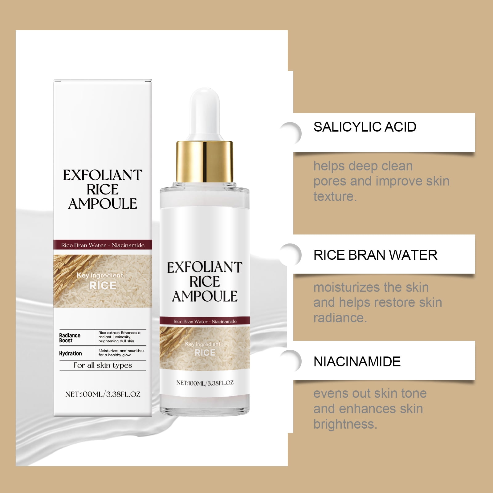 Alvantor Face Exfoliator, Rice Peeling Ampoule with Rice Extract Niacinamide & Hyaluronic Acid, 3.38fl.oz