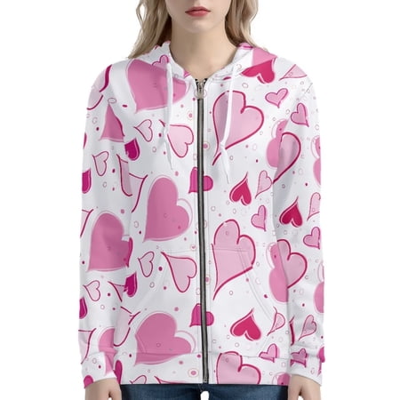 Renewold Novelty Zipper Hoodies & Sweatshirts for Women Pink Love Long Sleeve Crewneck Sports Outfits Valentine s Day Y2K Street-Wear Jacket Size XS