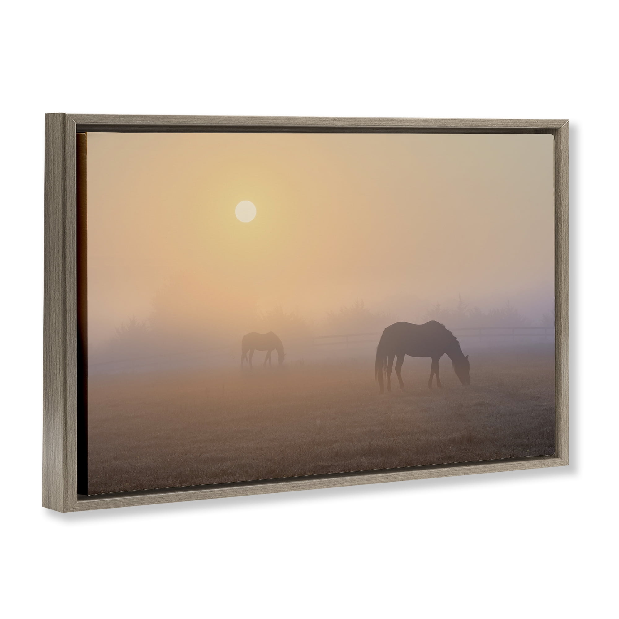 Stupell Industries Misty Sunlit Horses Landscape & Nature Photography Brown Floater Framed Canvas Art Print Wall Art, 31 x 21
