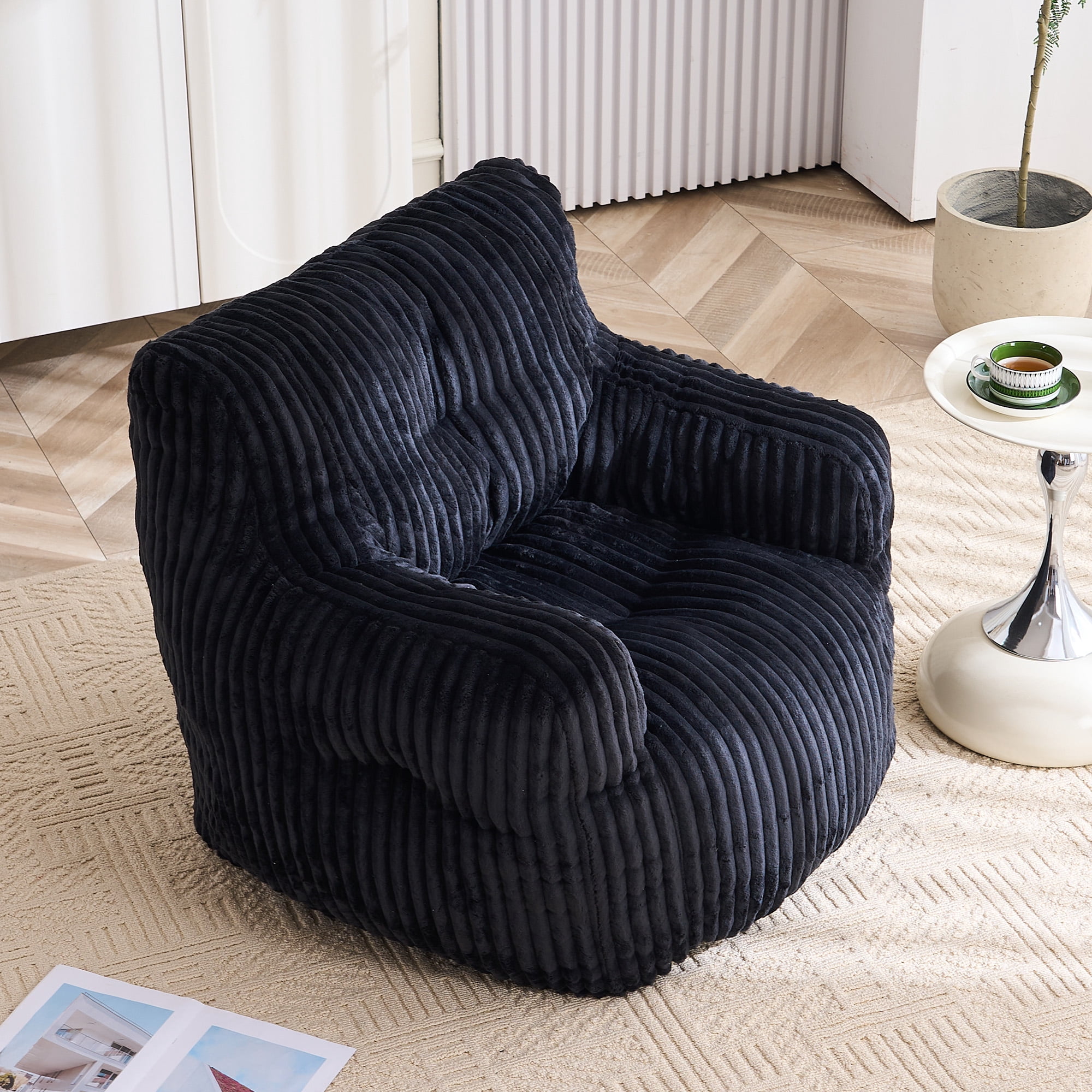 Soft Fluffy Corduroy Fabric Bean Bag Chair Filled With Memory Sponge,Black