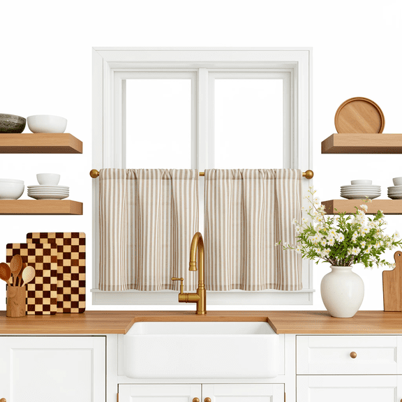 2 Panels Striped Linen Tier Curtains, Rod Pocket, 26" x 20"L, Light Filtering for Kitchen Bathroom, Tan