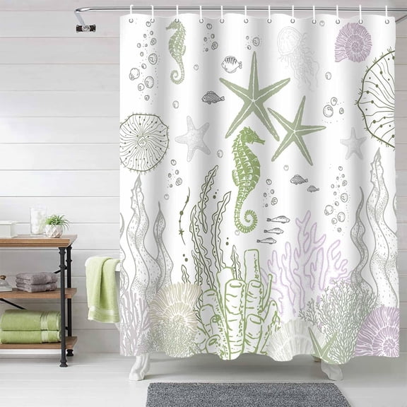 Shower Curtain Sage Green Coral Shower Curtains for Bathroom Decor Starfish Seahorse Shell Shower Curtain Sets with Hooks Waterproof Fabric Bath Curtain Small Stall 36" X 72"