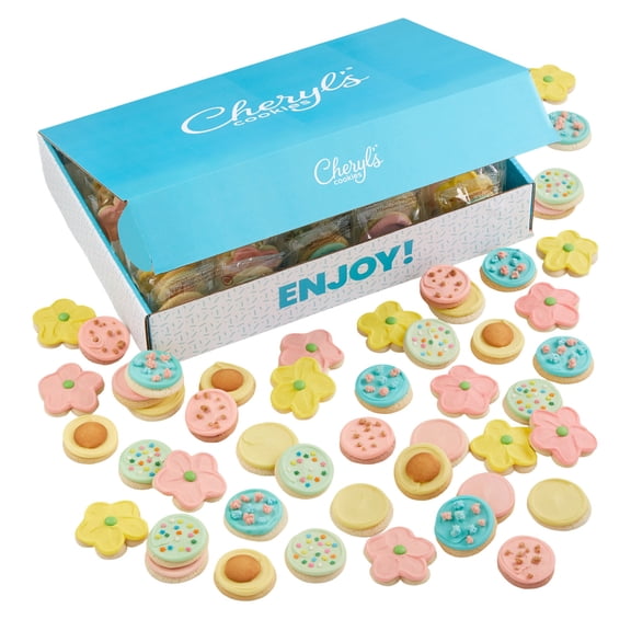 Cheryl's Cookies Fruit-Flavored Variety Spring 100 Cookie Gift Box Pastel Buttercream-Frosted Cutout Flowers, Individually Wrapped