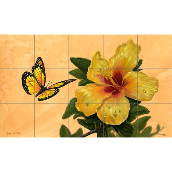 Tile Mural Kitchen Backsplash - Hibiscus Romance - by Jeff Wilkie