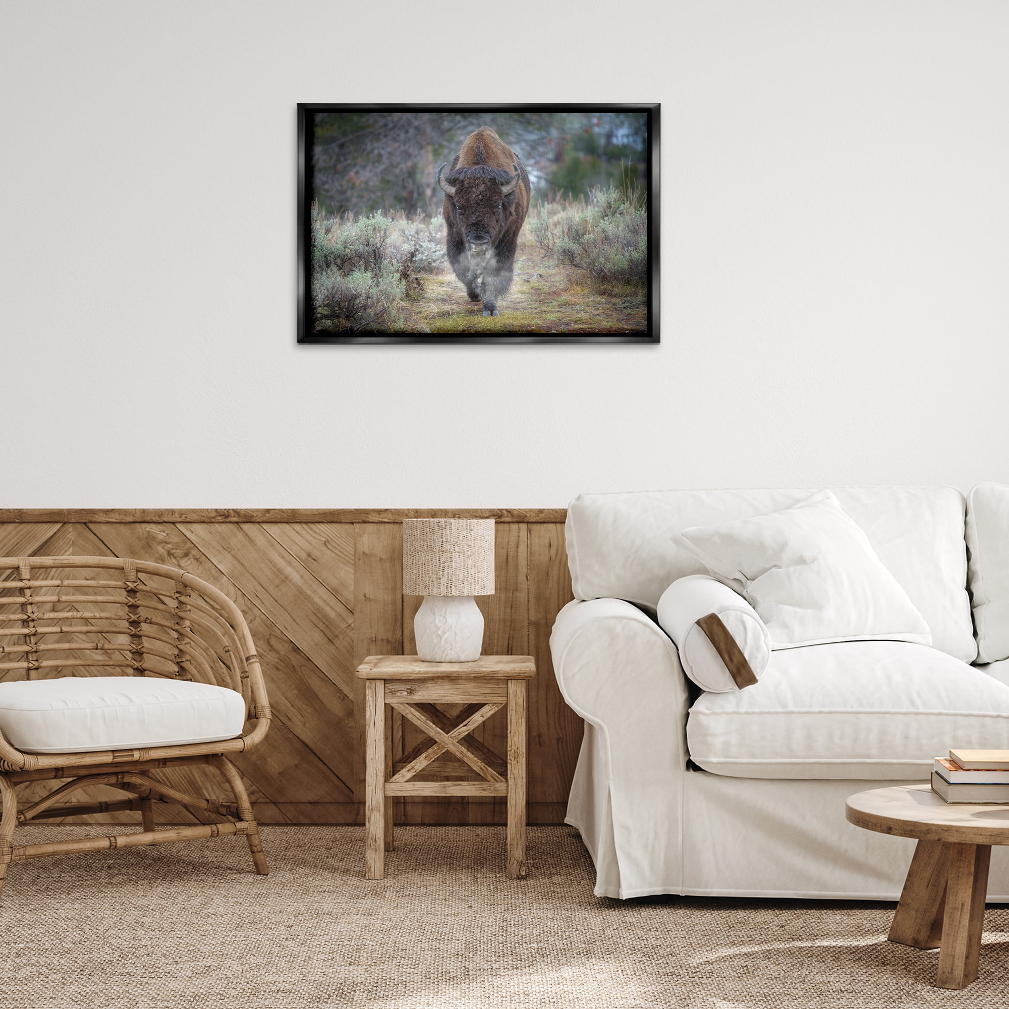 Stupell Industries Bison Stepping Photography Animals Photography Black Floater Framed Canvas Art Print Wall Art, 31 x 21