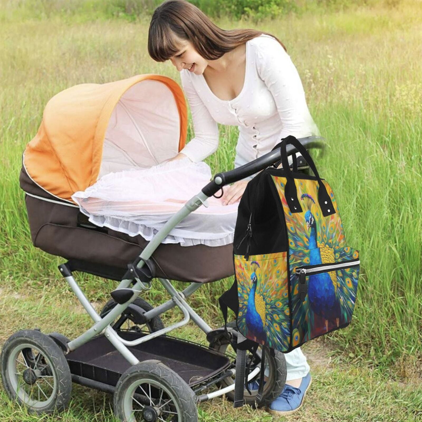 Ratiio Peacocks Mummy Backpack - Waterproof Twill Canvas, Large Capacity Diaper Bag with Multiple Pockets and Adjustable Straps