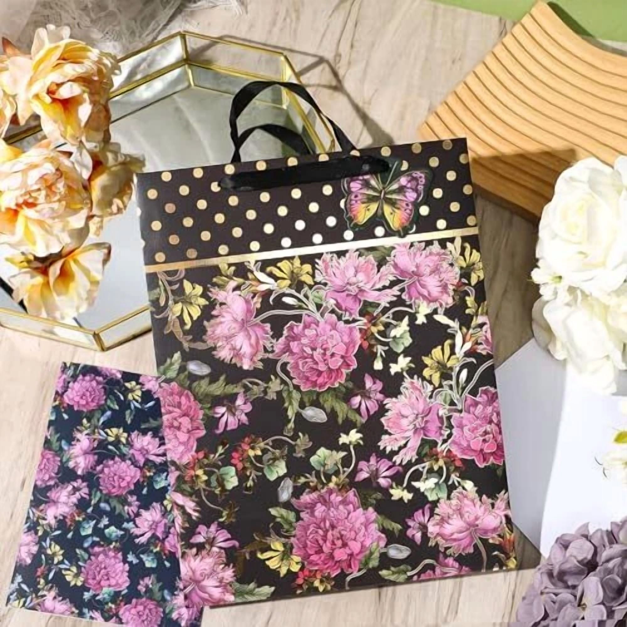 BUTTERFLY- Gift Bag And Foil Branch With Tissue Paper For Mother'S Day, Pink Flower