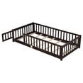 thumbnail image 5 of Twin Size Floor Bed with Safety Fence and Revolving Door, Modern Pine Wood Low Bed Frame with Plywood Slats, Multifunctional Leisure Daybed Frame with Armrest for Living Room, Bedroom, Espresso, 5 of 9