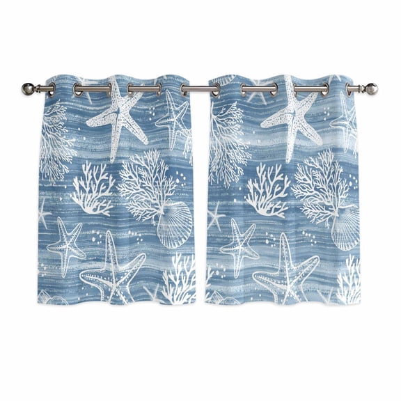 Haze Blue Coastal Kitchen Curtains Window Panels, Summer Beach Nautical Starfish Coral Vintage Insulated Window Treatment Curtain, Grommet Curtains for Bedroom/Living Room/Bathroom, 2 Piece 42"Wx45"L