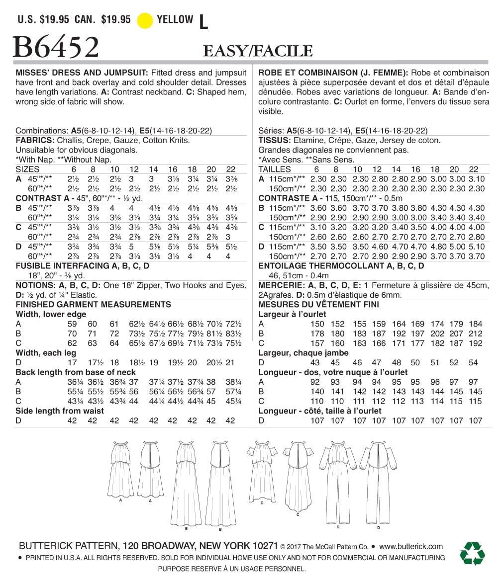 Butterick Pattern Misses' Dress And Jumpsuit-14-16-18-20-22