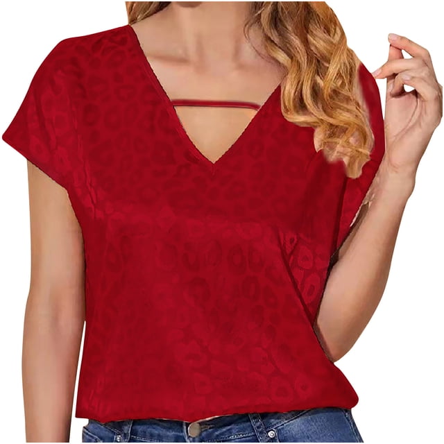 Verano mujer leopardo estampado manga corta cuello en V Casual Tee Tops Fridja ghk6117