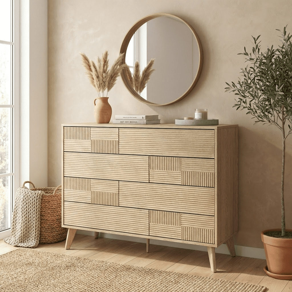 Danpinera Home 8-Drawer Double Dresser for Bedroom, 34" Tall Wood Chest & TV Stand with Fluted Panels, Natural Oak