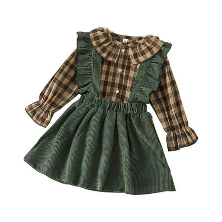 

Little Baby Girls Outfit Long Sleeve Doll Collar Plaid Tops And Suspender Dress Two Piece Outfits Girls Cute Clothes Set For Fall