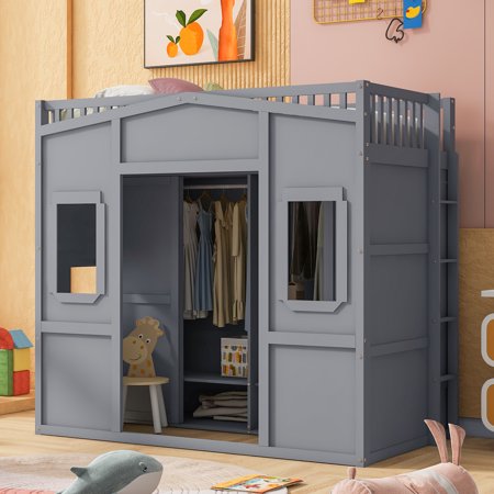 JFC Creative Playhouse Loft Bed Rustic Wood Dorm Bed w/House Shape Wardrobe and 2 Windows for Teens