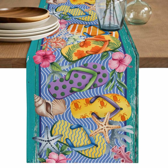 Watercolor Flip Flops Table Runner 72 Inches, Summer Ocean Coral Starfish Floral Green Bed Runner Dresser Scarves Tabletop for Indoor Outdoor Parties/Ceremony/Banquet, 18" x 72"