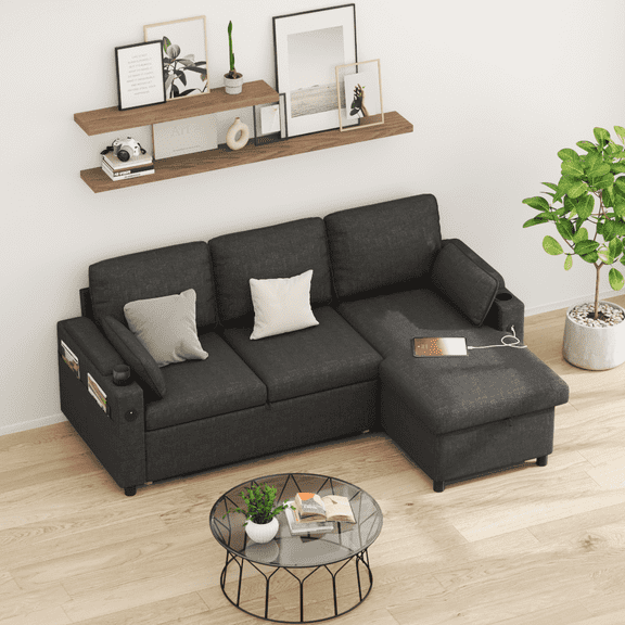 Sectional Sleeper Sofa L shaped Charging Couch with Usb Storage Chaise Reversible Pull Out Bed for Small Space, Dark Gray