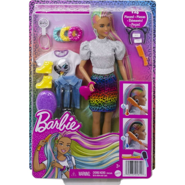 Barbie Leopard Rainbow Hair Doll Brunette with Color change Hair