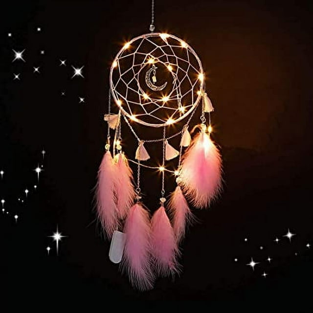 Atrapasueños de luna con luz LED, atrapasueños de cristal con forma de árbol de la vida para dormitorio, decoración de pared con plumas, color rosa