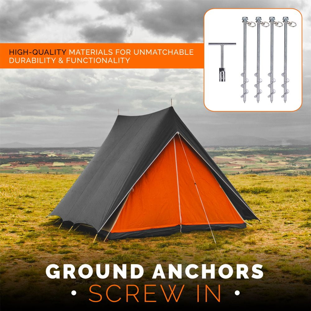 Ground Anchors Screw In - 12" Set of 4 with T-handle Wrench - Tent Stakes Heavy Duty - Trampoline Anchor Kit - Earth Anchor - Swing Set Anchors for Metal Swing Set - Shed Anchor Kit - Tree Stakes