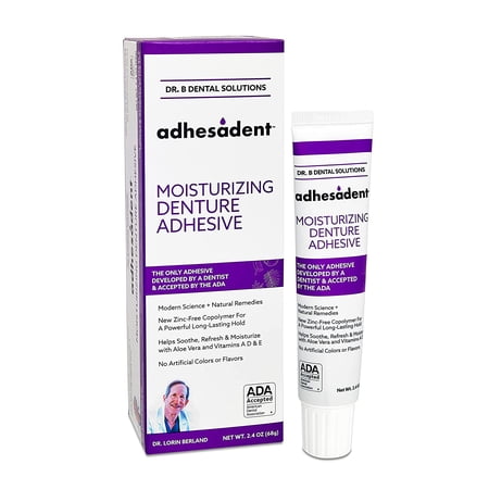Dr. B Dental Solutions Adhesadent Moisturizing Denture Adhesive - Secure Denture Glue with Strong Grip & Natural Taste - Zinc-Free Dental Adhesive for Dentures, Overdentures - 2.4 oz