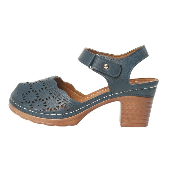 YLYL Women's Shoes Closed Round Toe Hollow out Strap Buckle Low Block Chunky Heels Shoes