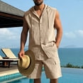 thumbnail image 2 of HBGVBA Mens Summer Set Solid Color Loose Linen Pocket Elastic Waist Shorts Button Hooded Tank Top Shirt 2 Piece Beach Set, 2 of 5