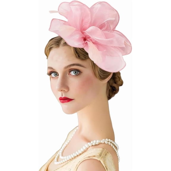 Feathers Flower Fascinators Hat for Women Organza Fabric Headband Clip 20s 50s Tea Party Headwear for Derby Church Cocktail
