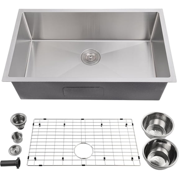 32in Undermount Single Bowl Kitchen Sink 16 Gauge Stainless Steel Ledge Design with Accessories Brushed Nickel Sound Dampening Easy Drain Low Noise