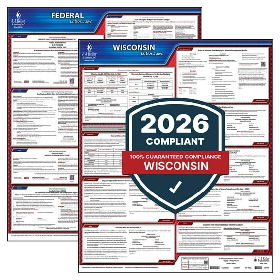 2025 Wisconsin and Federal Labor Law Poster Set (English, WI State) - OSHA Compliant Laminated Posters