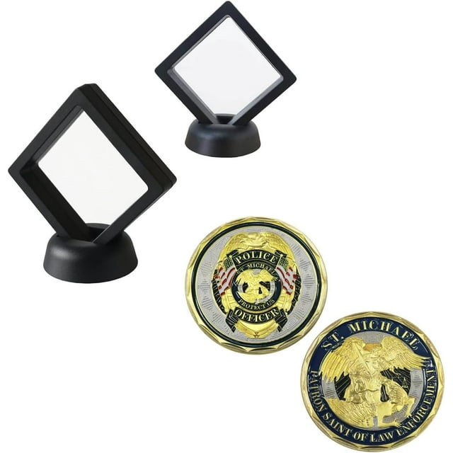 1 Piece St. Michael Police Officers Challenge Coin + Set of 2 Challenge Coins Display Stand, 3D Floating Clear Case