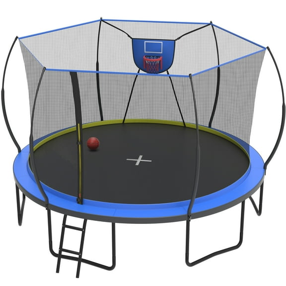 12FT Trampoline Outdoor with No-gap Design, SHINPT Trampoline for Kids Indoor, Outdoor Play Equipment with Basketball Hoop, Toddler Trampoline with Enclosure Net, Recreational Trampoline for Gift