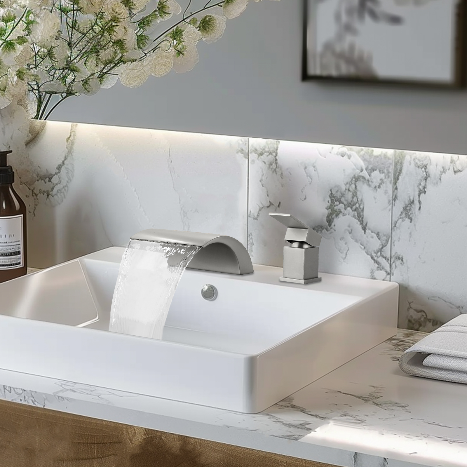 Cobbe 2-Hole Mount Bathroom Sink Faucet Single Handle Bathroom Faucet with Waterfall Spout Brushed Nickel