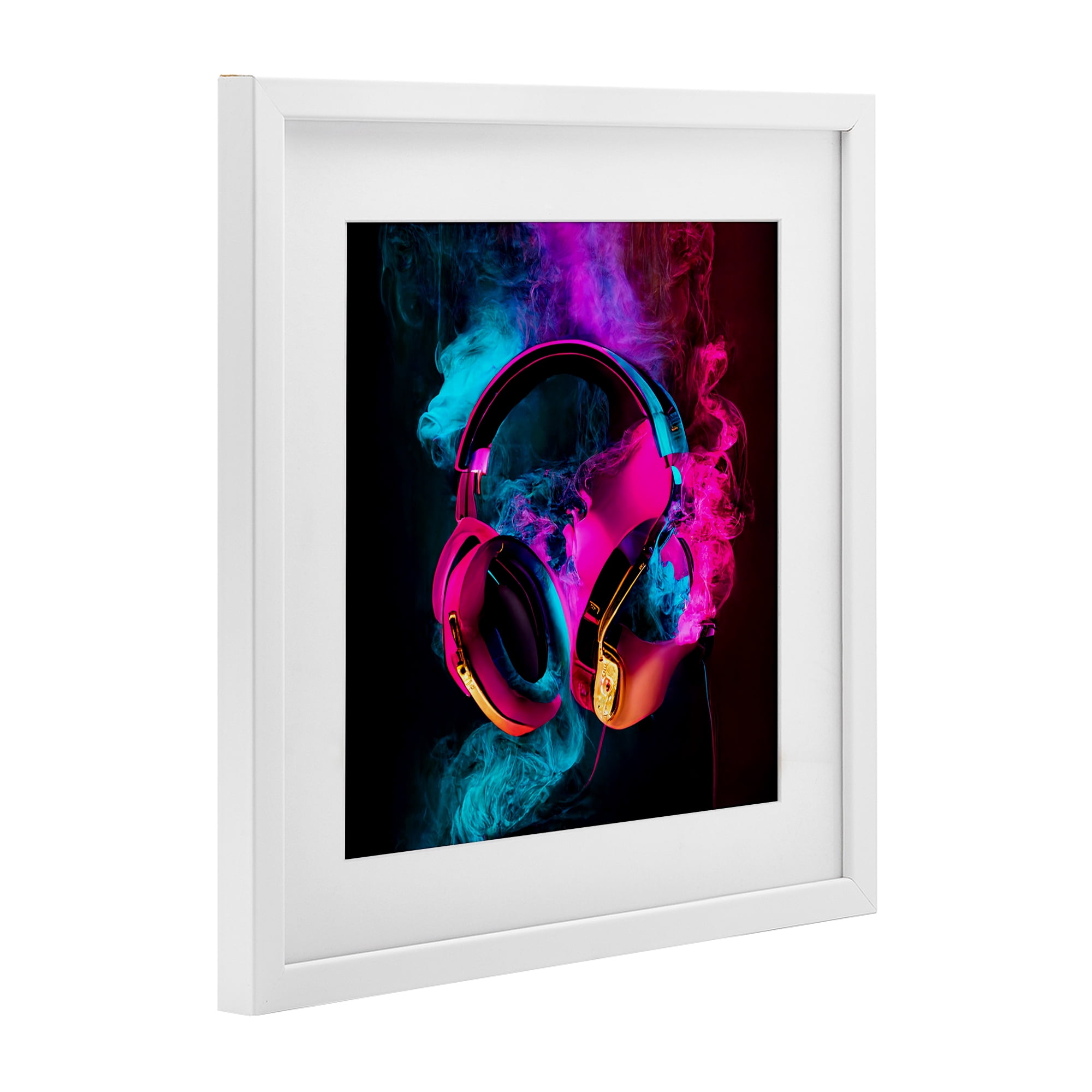 Power Play Pink & Blue Headphones White Framed Print Under Glass, design by Sasha