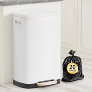 13 Gallon Trash Can with Lid, 50L Fingerprint Proof Stainless Steel Kitchen Trash Can with Removable Inner Bucket and Lid Soft Close, Pedal Rubbish Bin for Home Office, White