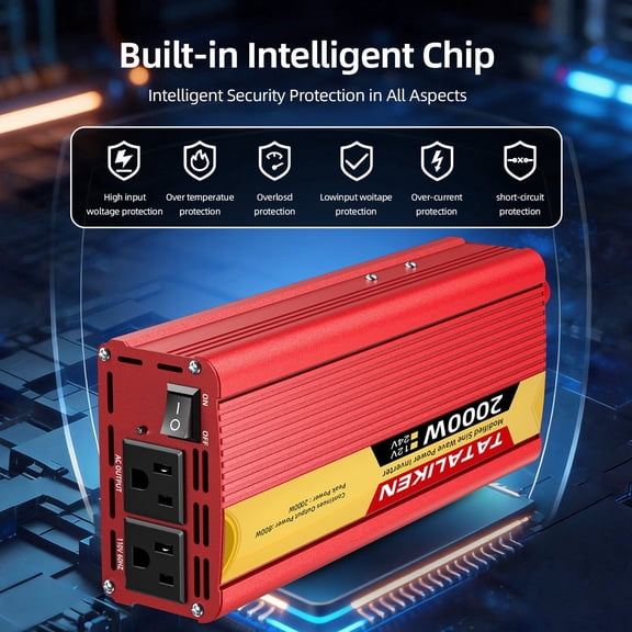 TATALIKEN 2000W Power Inverter, DC 12V to  110V AC Car Inverter , 2 AC Outlets, Equipped with 2 Clips for Truck, Home, Vehicles, Laptop, Trip
