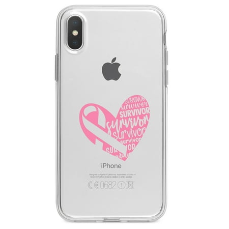 DistinctInk Clear Shockproof Hybrid Case for iPhone X / XS (5.8" Screen) - TPU Bumper Acrylic Back Tempered Glass Screen Protector - Pink Ribbon Cancer - Survivor Heart