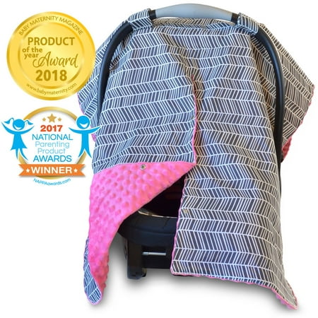 Kids N' Such 2 in 1 Car Seat Canopy Cover with Peekaboo Opening™ - Large Carseat Cover for Infant Carseats - Best for Baby Girls - Use as a Nursing Cover - Herringbone with Hot Pink Dot